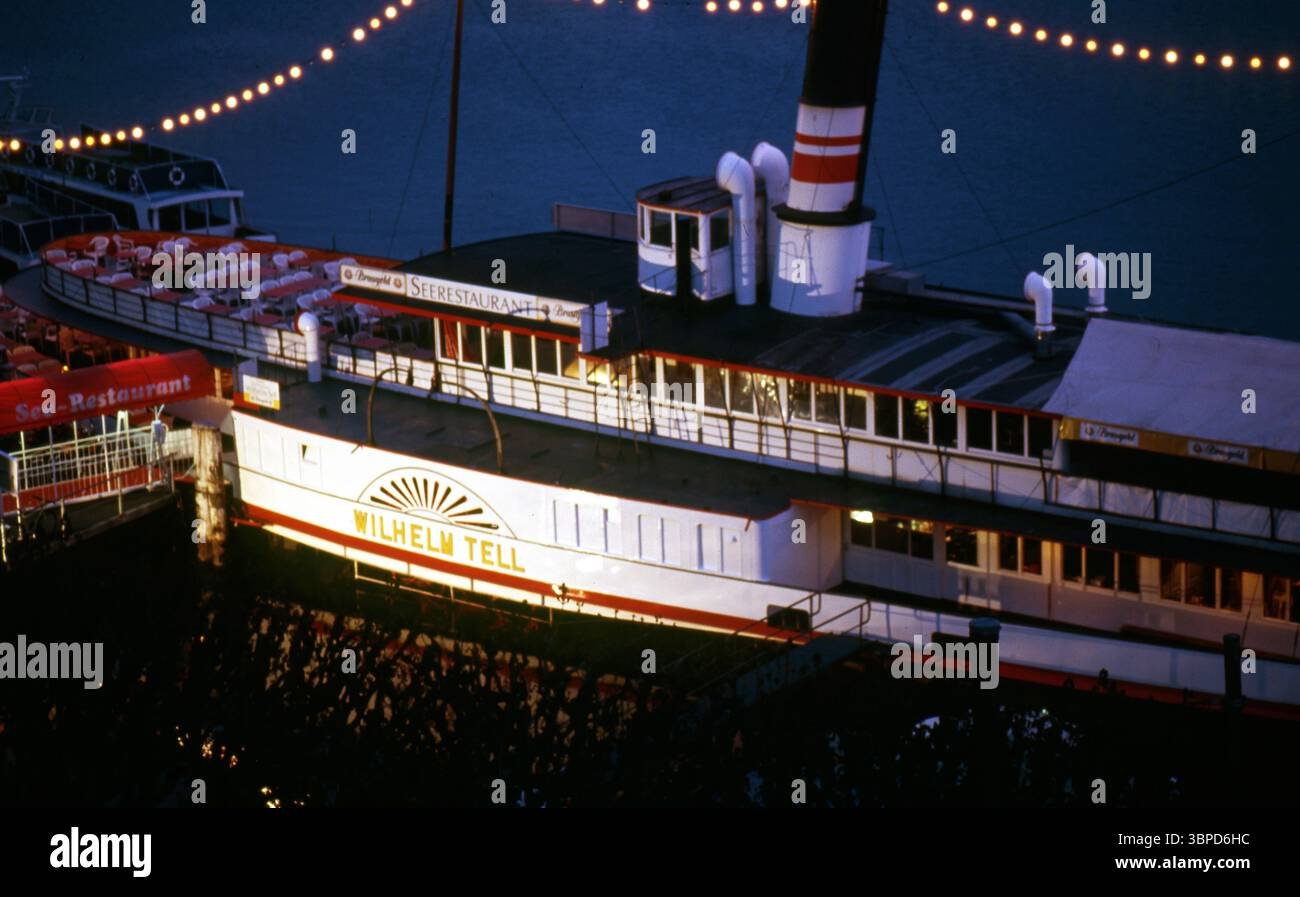 1990s Switzerland Luzern Wilhelm Tell Seerestaurant – Night View of Historic Paddle Steamer Restaurant