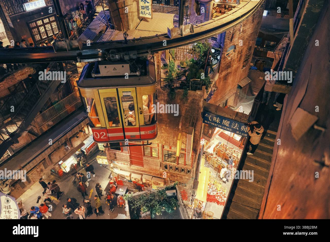 Vintage Cable Car Hovering Over Bustling Wenheyou ( WENHOYO ) Changsha Food Market Interio, Hunan, China