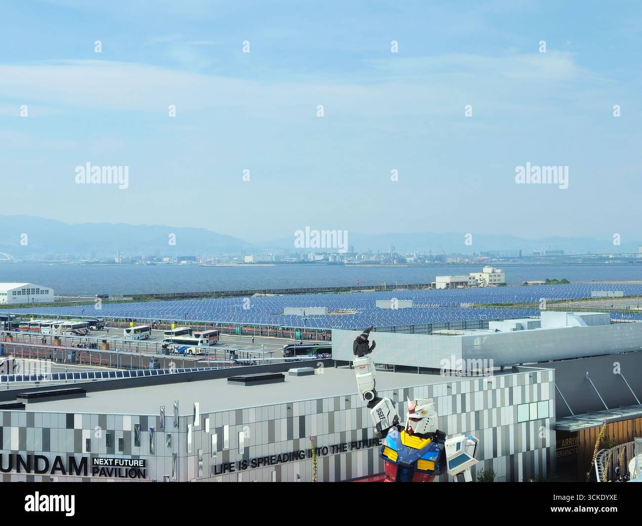 Yumeshima Mega-Solar at Expo 2025 Osaka Overlooking Gundam Pavilion and Bay Skyline